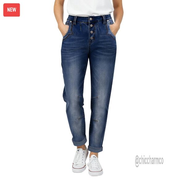 Mid Waist Straight Leg Jeans Stretch Denim Casual Pants Women's